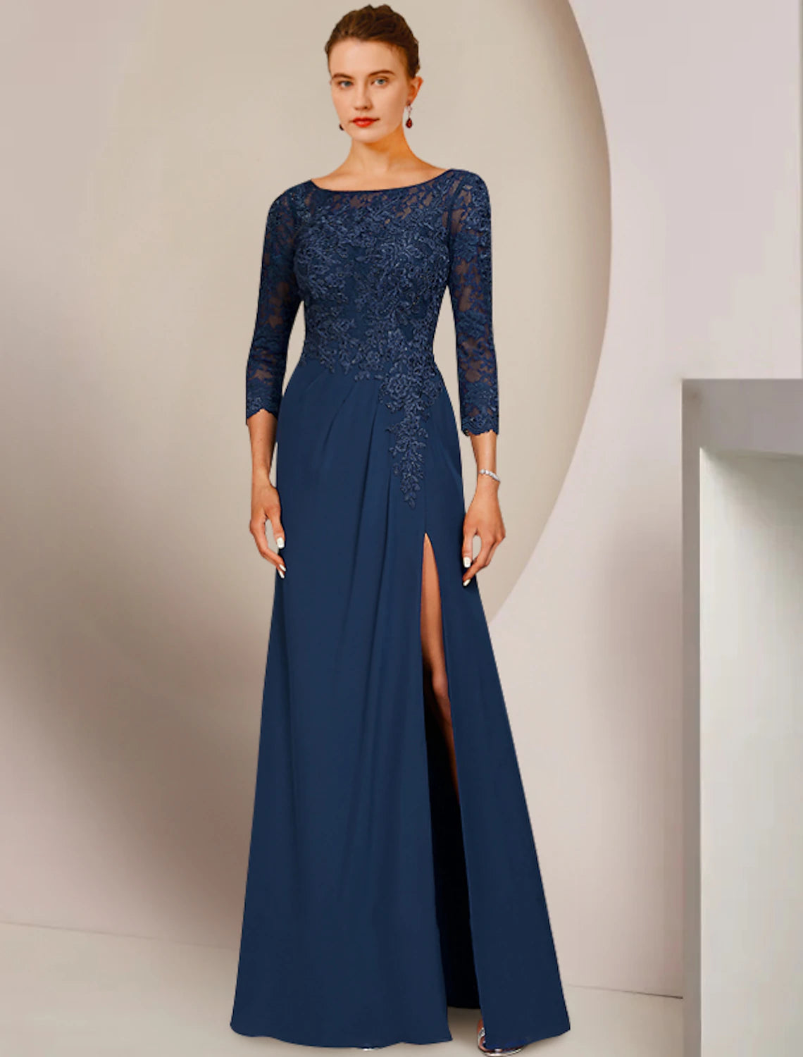 Wholesale  A-Line Mother of the Bride Dress Elegant Scoop Neck Floor Length Chiffon Lace 3/4 Length Sleeve with Appliques Split Front